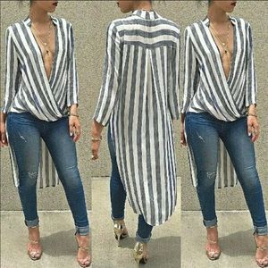 Striped Deep-V Cotton Walker Shirtdress